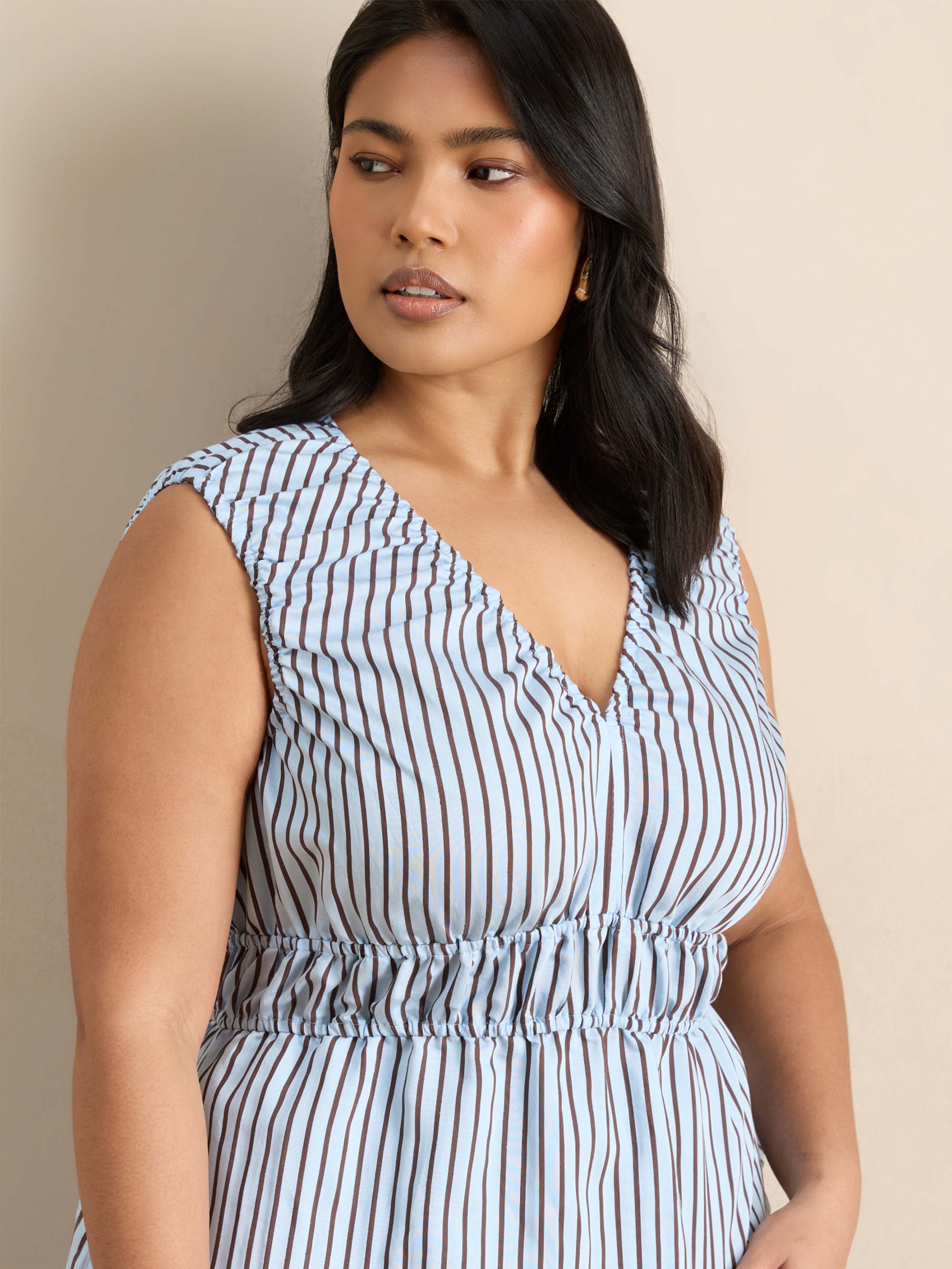 Blue And Chocolate Stripe V Neck Elasticated Peplum Top
