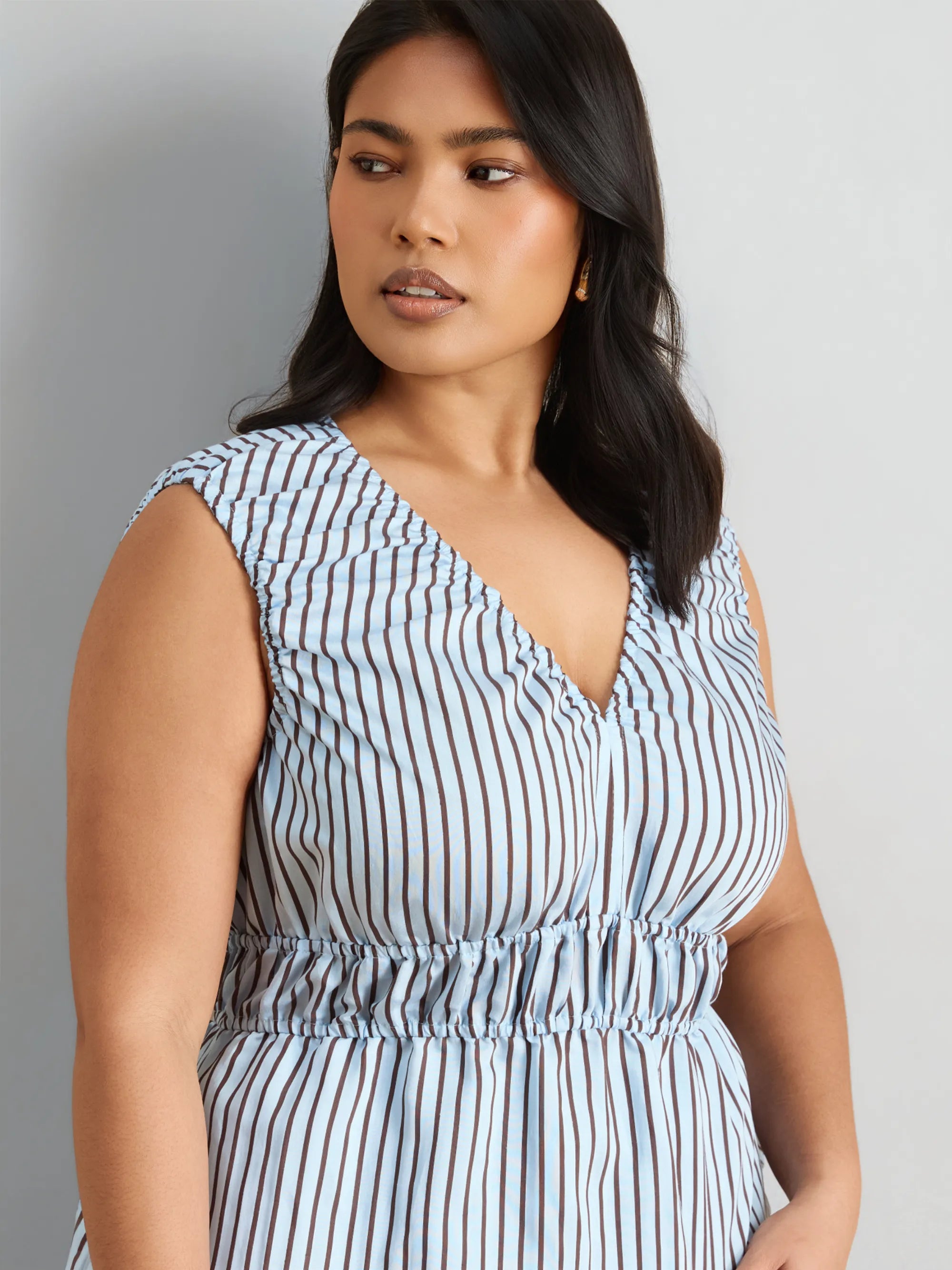 Blue And Chocolate Stripe V Neck Elasticated Peplum Top