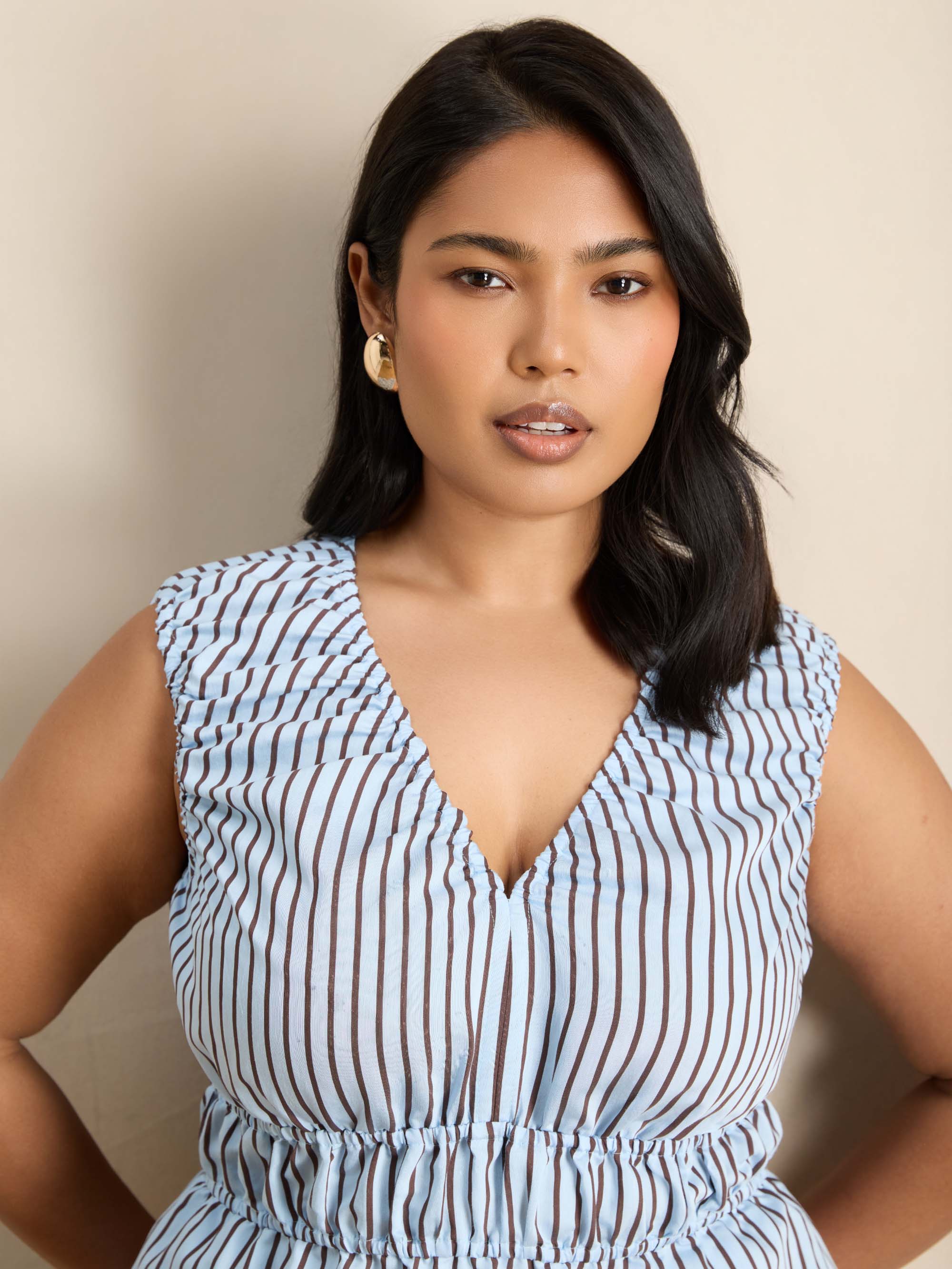 Blue And Chocolate Stripe V Neck Elasticated Peplum Top
