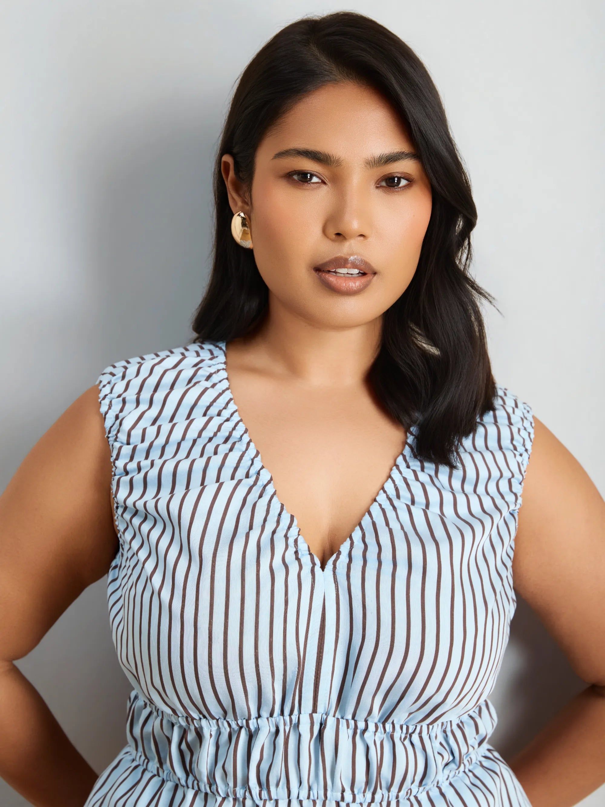 Blue And Chocolate Stripe V Neck Elasticated Peplum Top