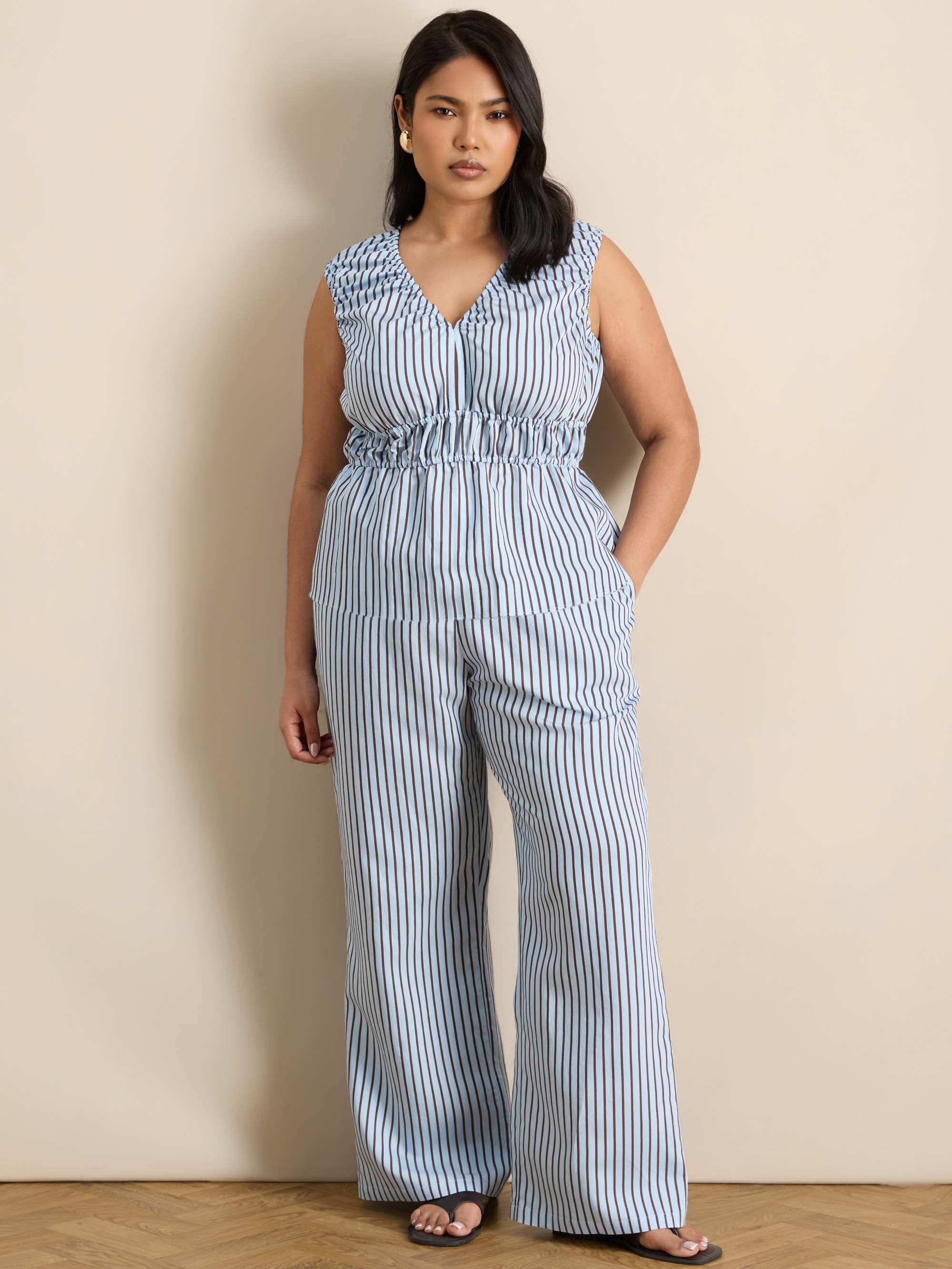 Blue And Chocolate Striped Wide Leg Trouser