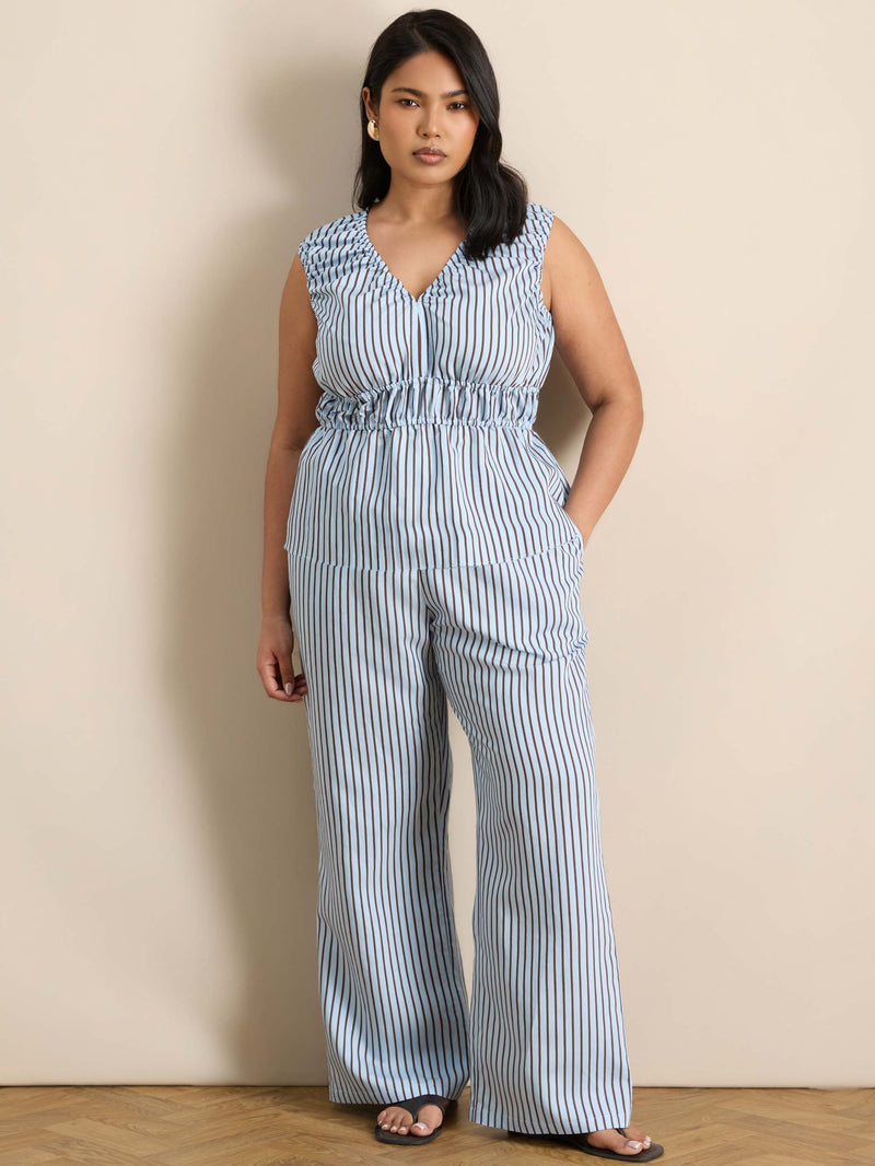 Blue And Chocolate Striped Wide Leg Trouser