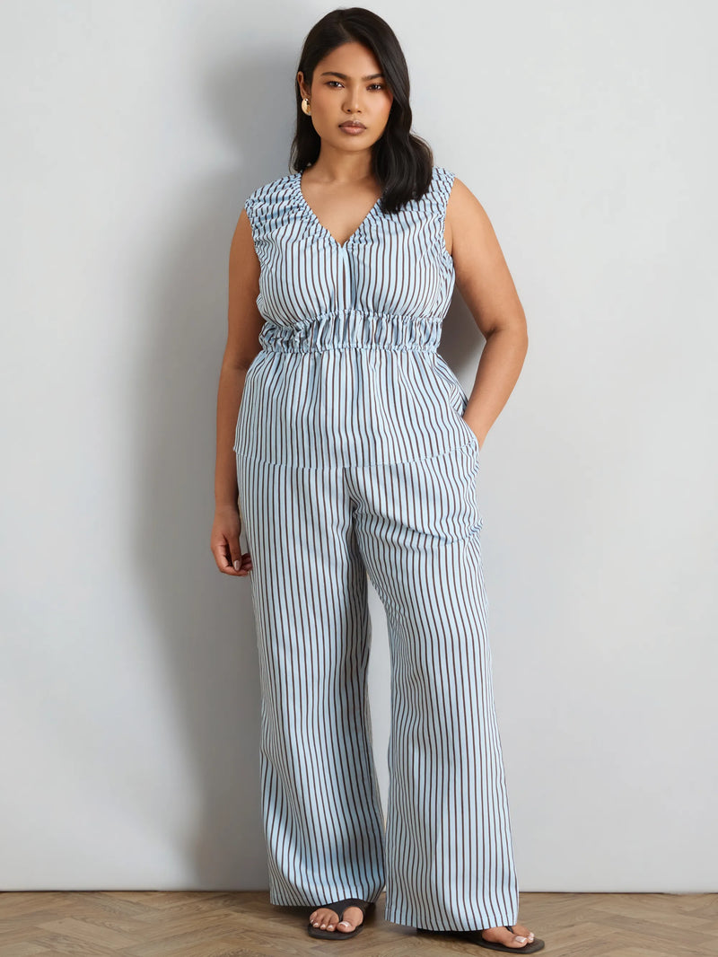 Blue And Chocolate Striped Wide Leg Trouser