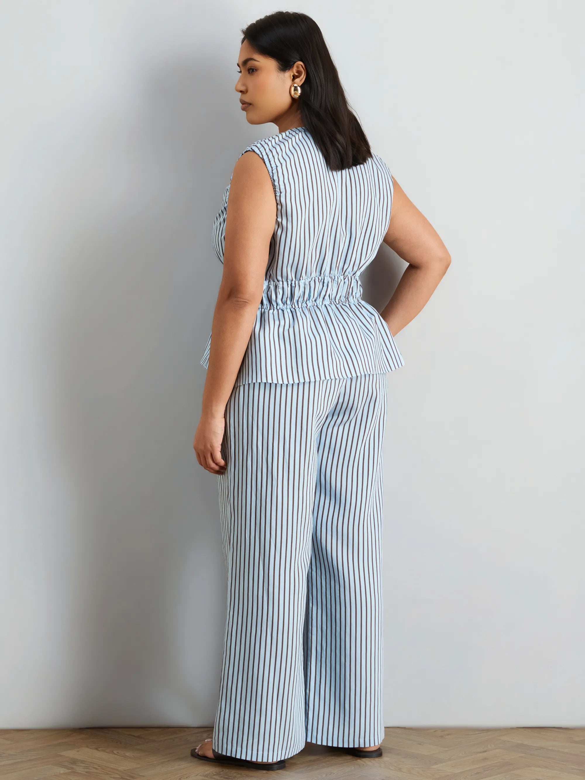 Blue And Chocolate Striped Wide Leg Trouser