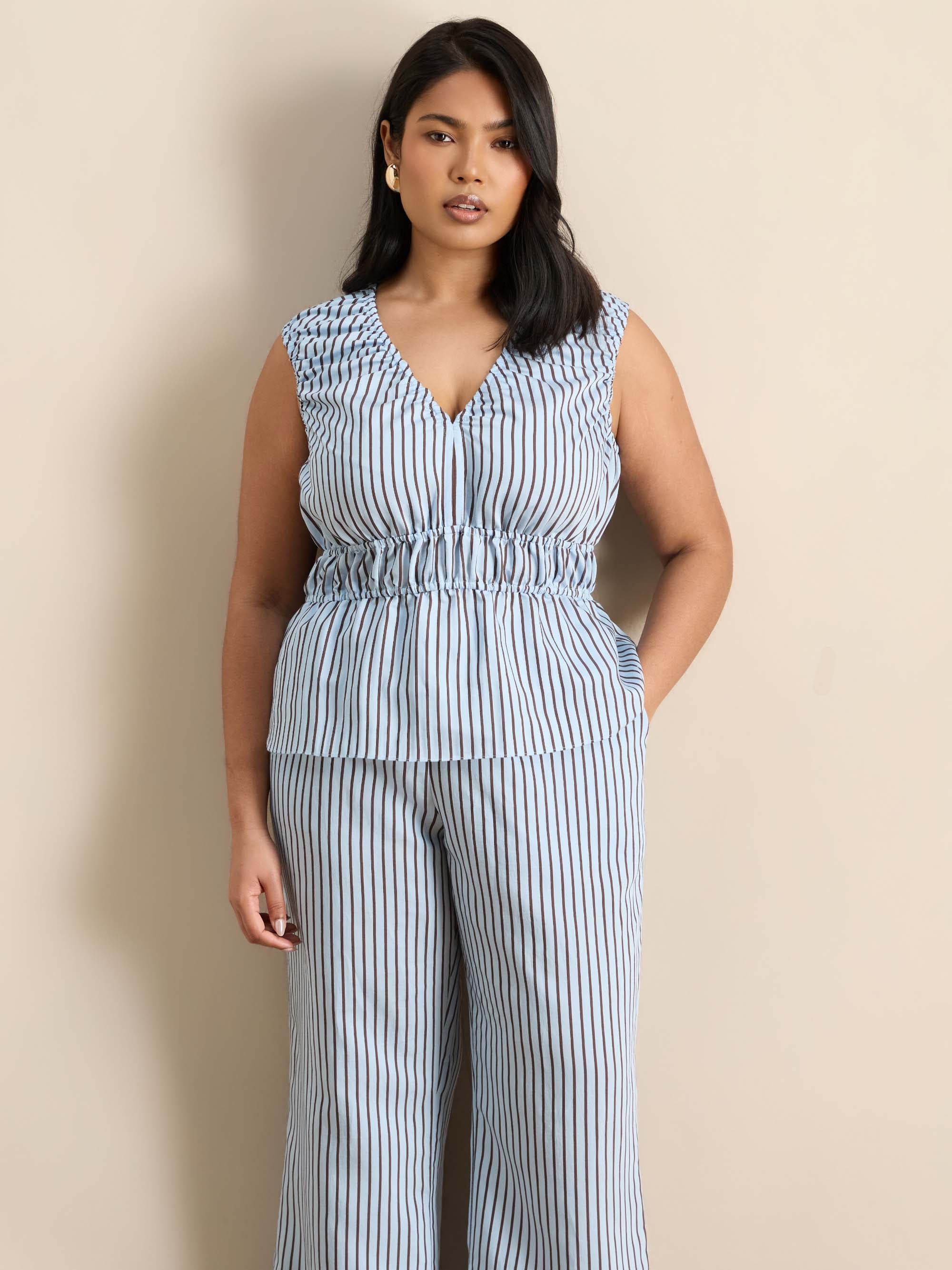 Blue And Chocolate Striped Wide Leg Trouser