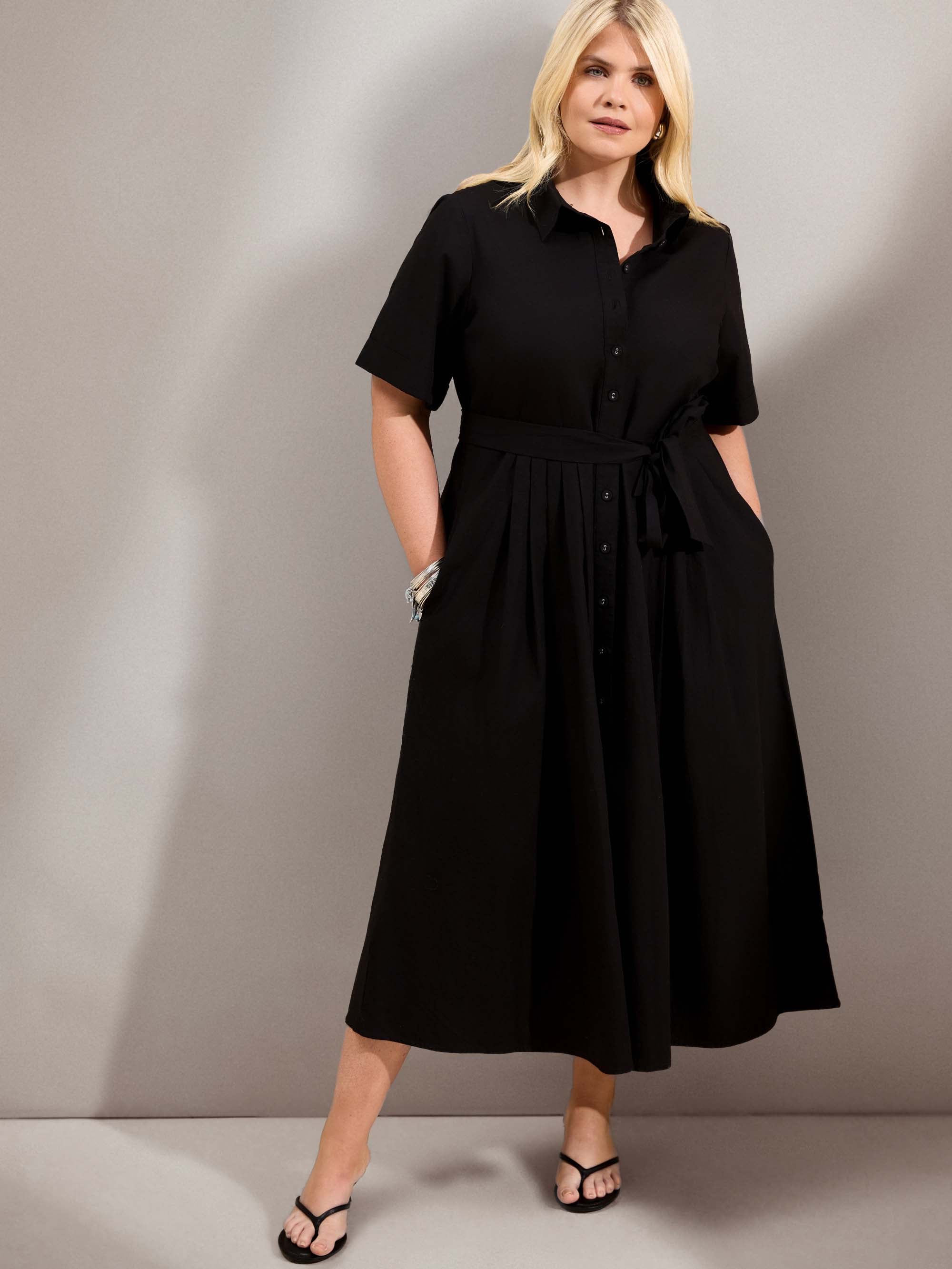Curve black cotton poplin shirtdress with a collared neckline, tie waist and button-through front.
