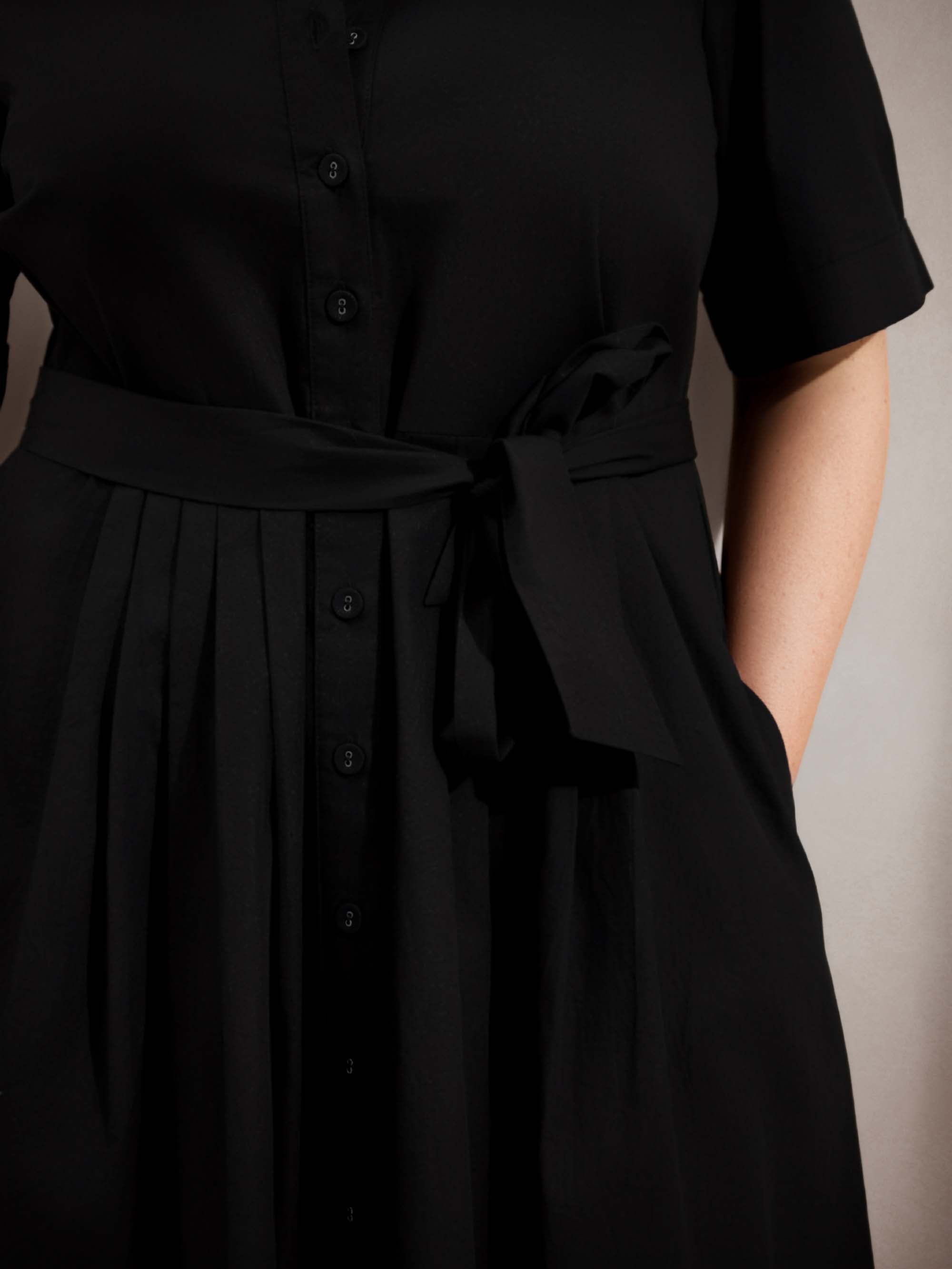 Curve black cotton poplin shirtdress with a collared neckline, tie waist and button-through front.
