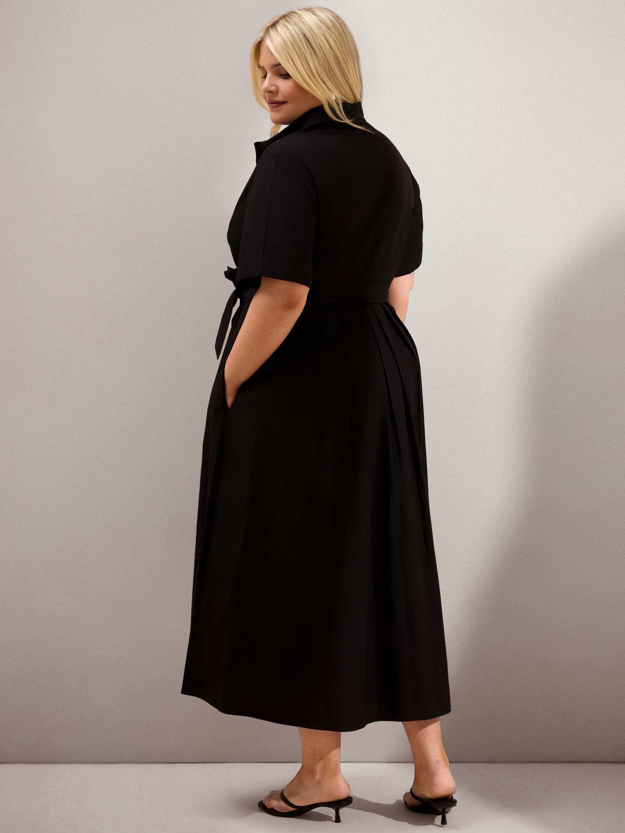 Curve black cotton poplin shirtdress with a collared neckline, tie waist and button-through front.