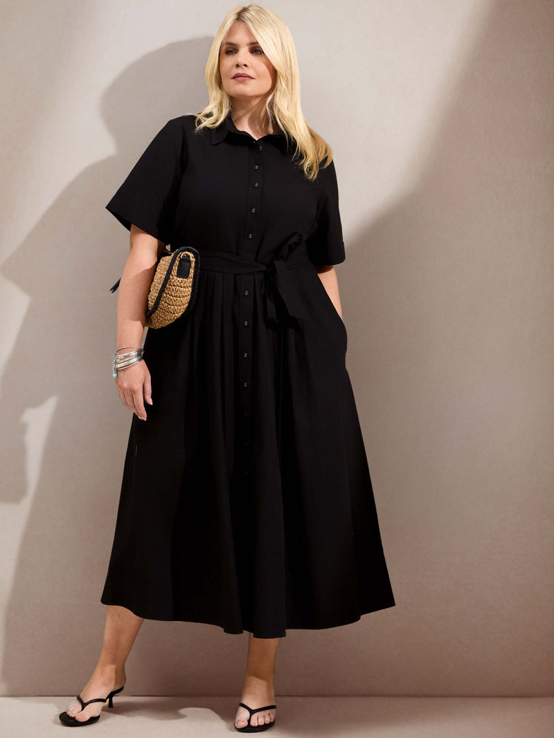 Curve black cotton poplin shirtdress with a collared neckline, tie waist and button-through front.