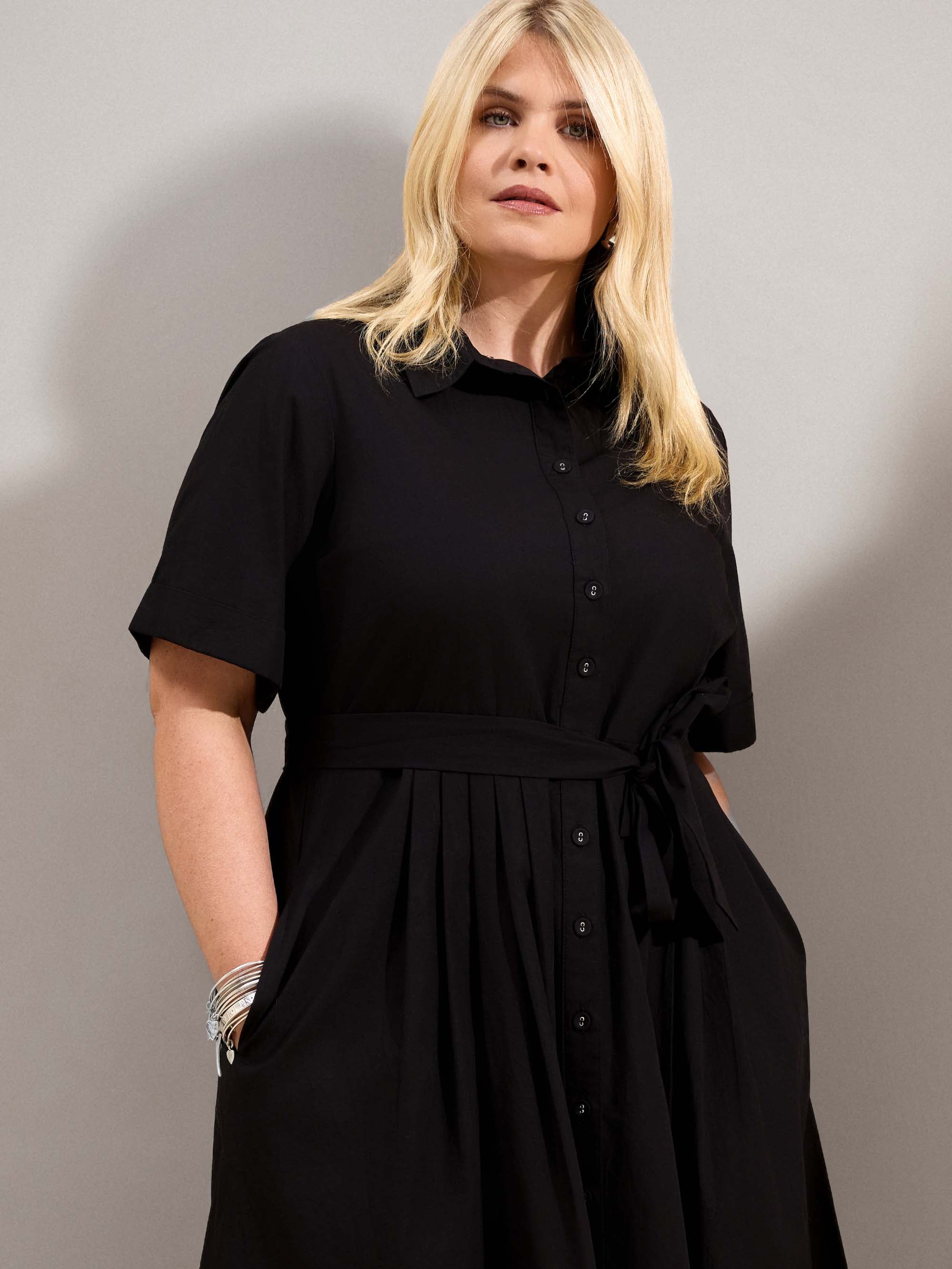 Curve black cotton poplin shirtdress with a collared neckline, tie waist and button-through front.