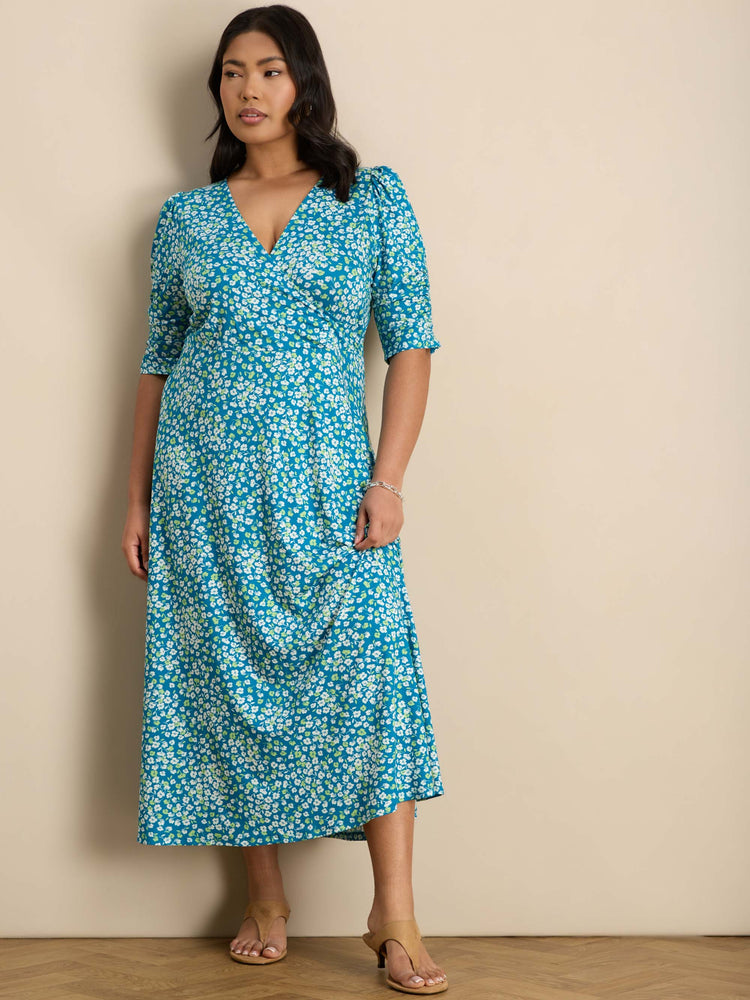 Blue Ditsy Print Jersey Ruched Sleeve Wrap Dress