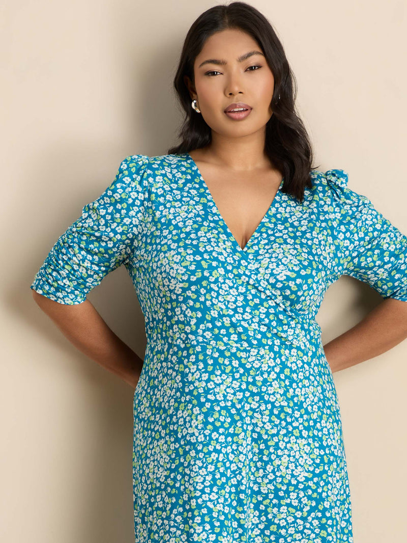 Blue Ditsy Print Jersey Ruched Sleeve Wrap Dress