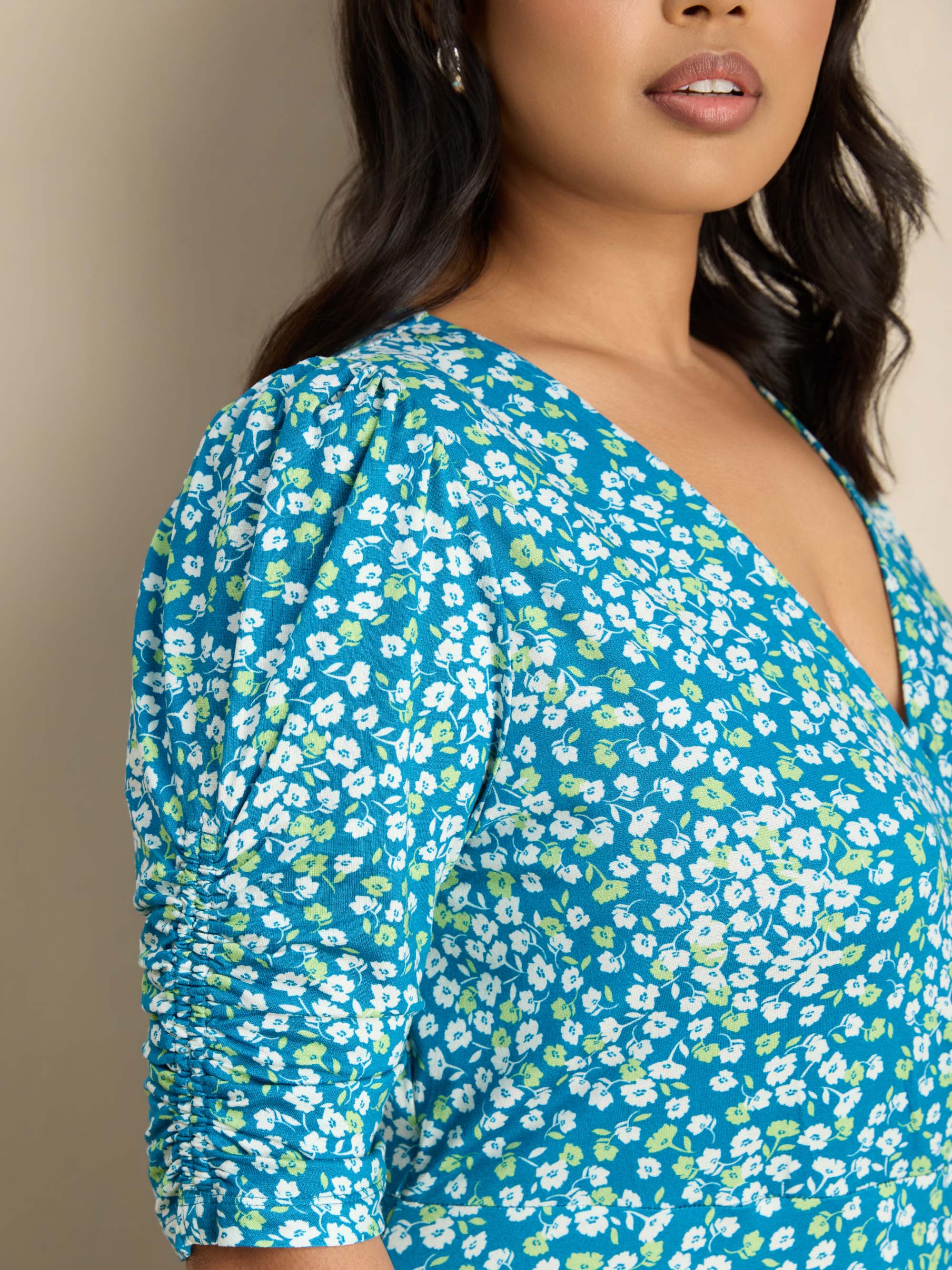 Blue Ditsy Print Jersey Ruched Sleeve Wrap Dress