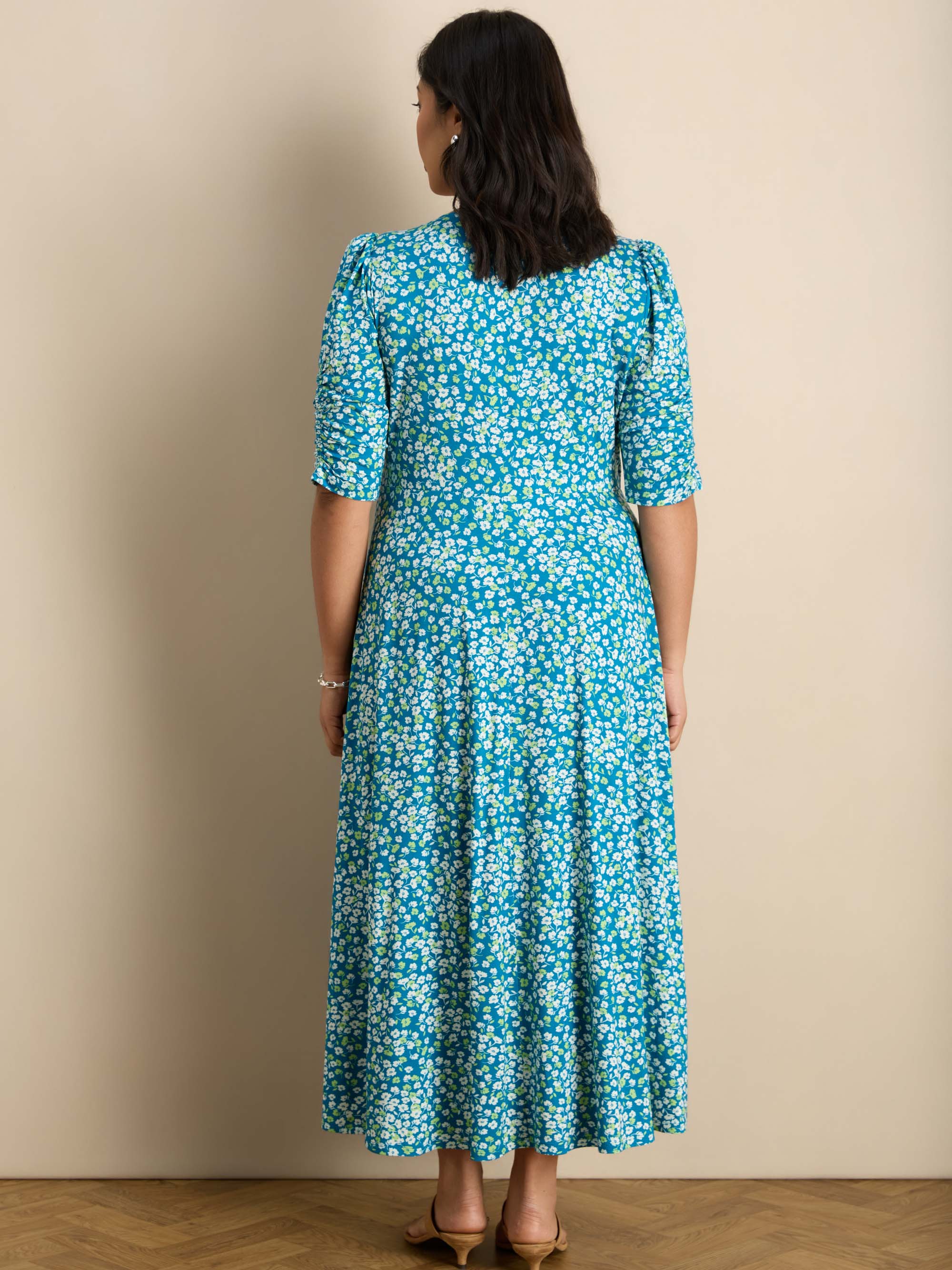 Blue Ditsy Print Jersey Ruched Sleeve Wrap Dress