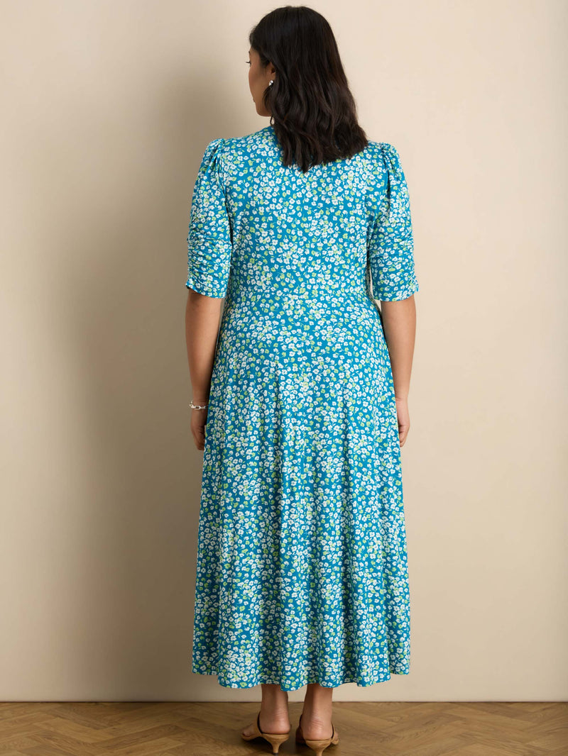 Blue Ditsy Print Jersey Ruched Sleeve Wrap Dress