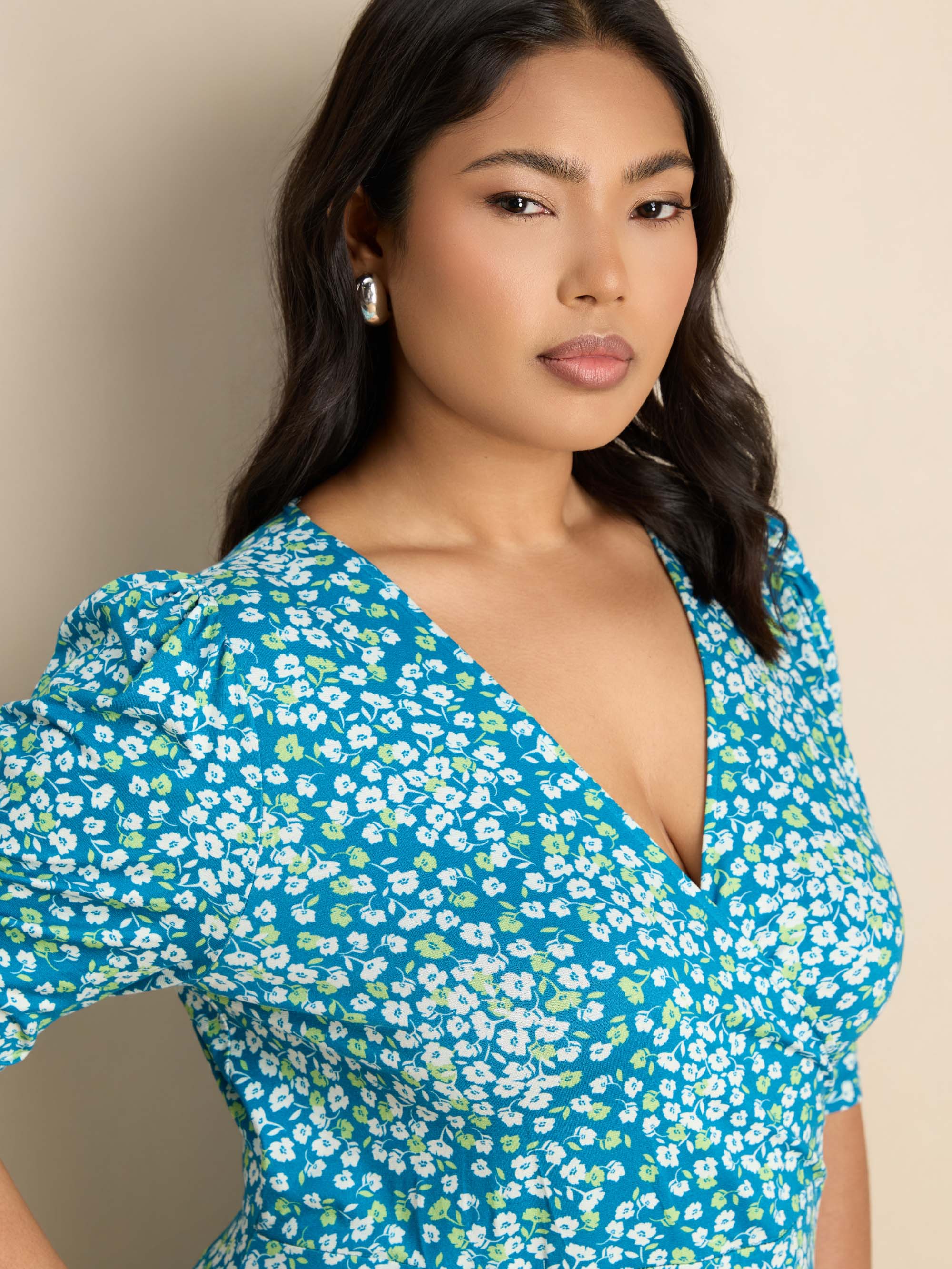 Blue Ditsy Print Jersey Ruched Sleeve Wrap Dress