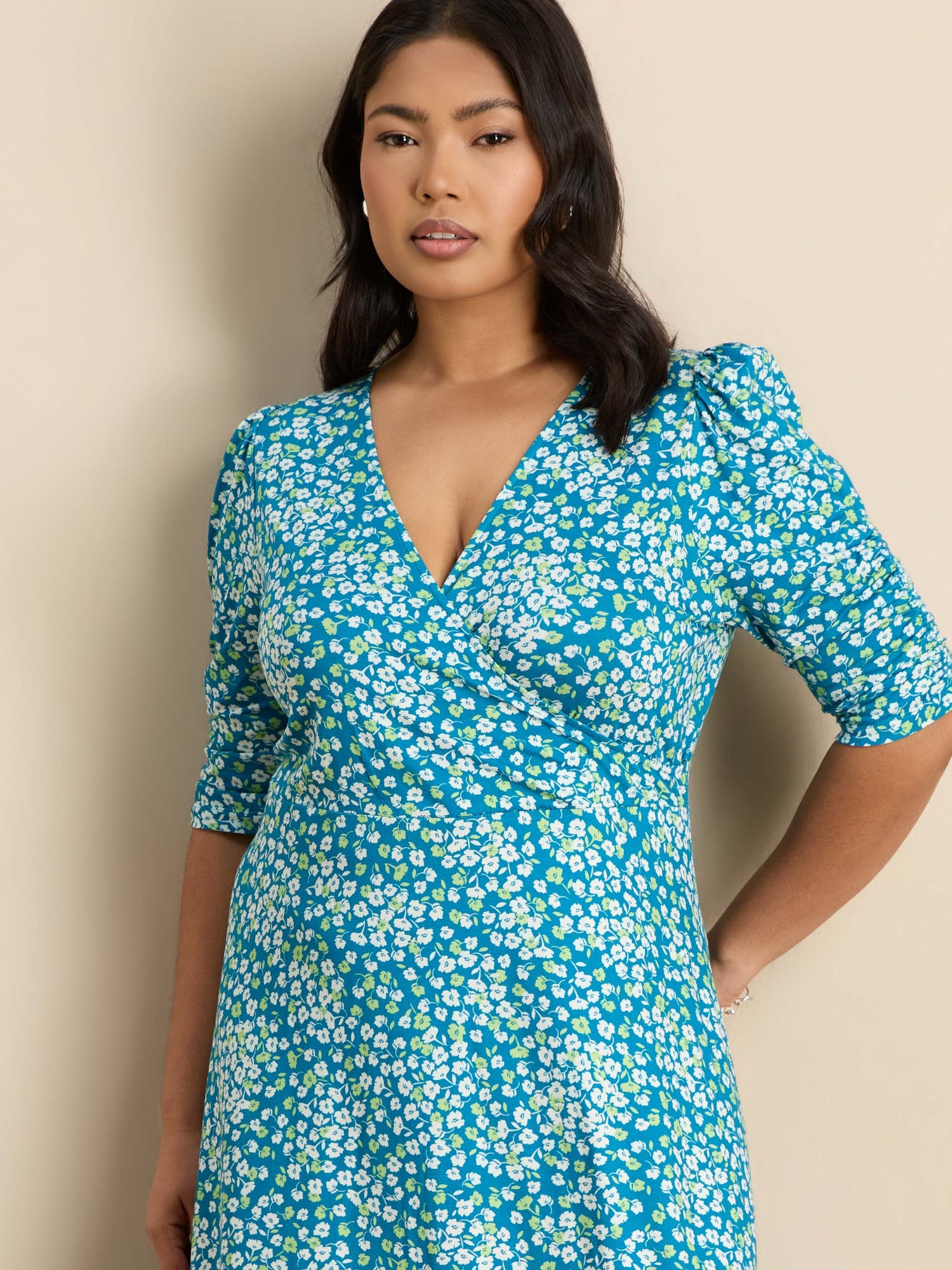 Blue Ditsy Print Jersey Ruched Sleeve Wrap Dress
