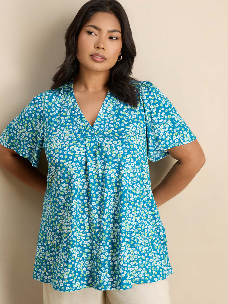 Green Ditsy Print Short Sleeve Jersey Top