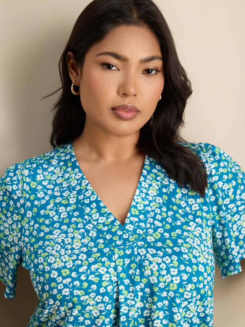 Green Ditsy Print Short Sleeve Jersey Top