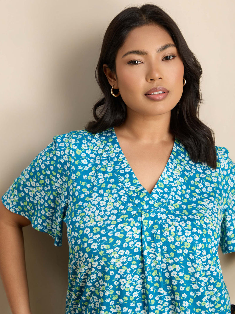 Green Ditsy Print Short Sleeve Jersey Top