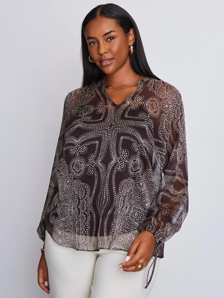 Brown Printed Nehru Collar Blouson Long Sleeve Blouse