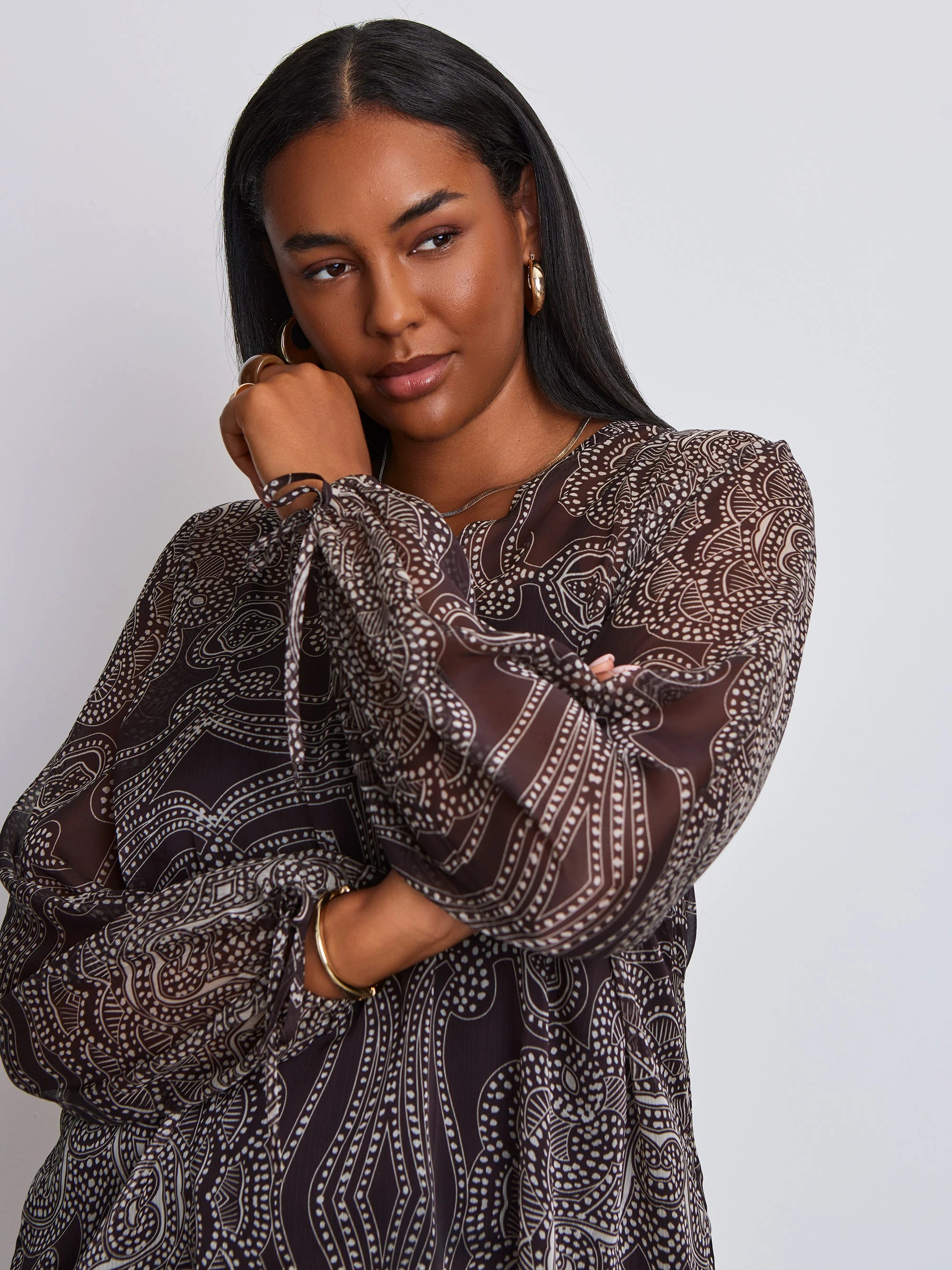 Brown Printed Nehru Collar Blouson Long Sleeve Blouse