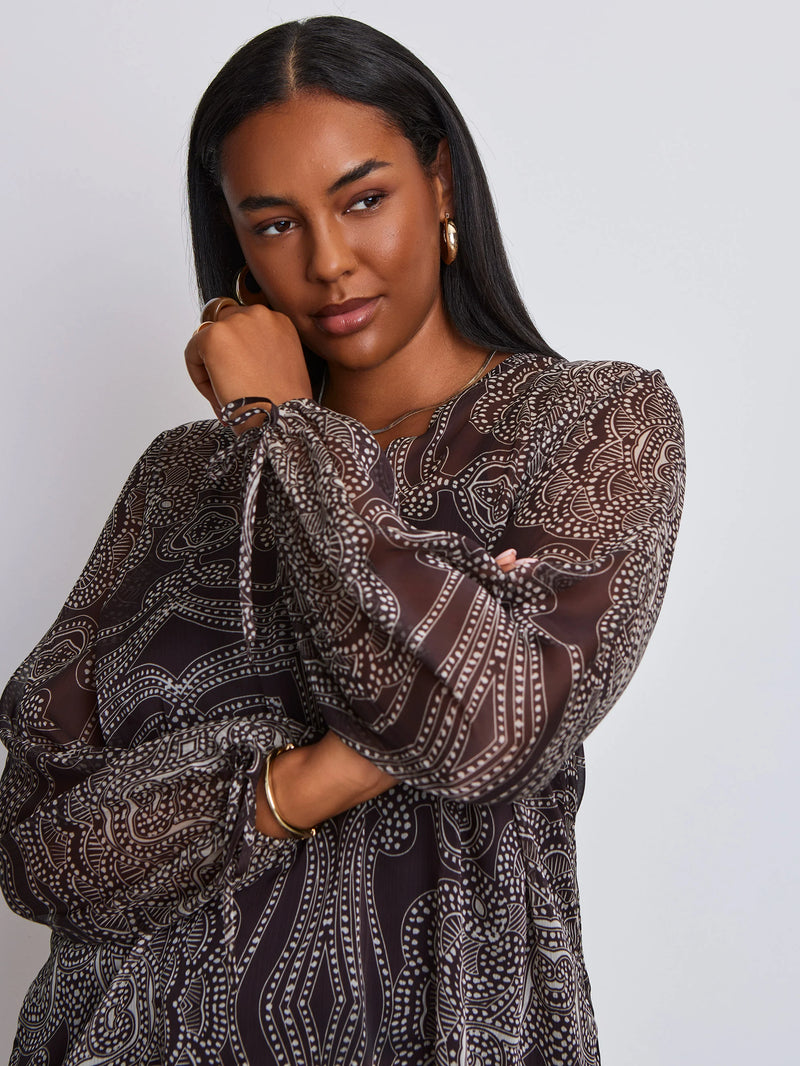 Brown Printed Nehru Collar Blouson Long Sleeve Blouse