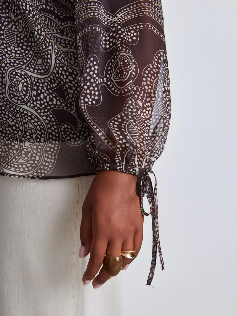 Brown Printed Nehru Collar Blouson Long Sleeve Blouse