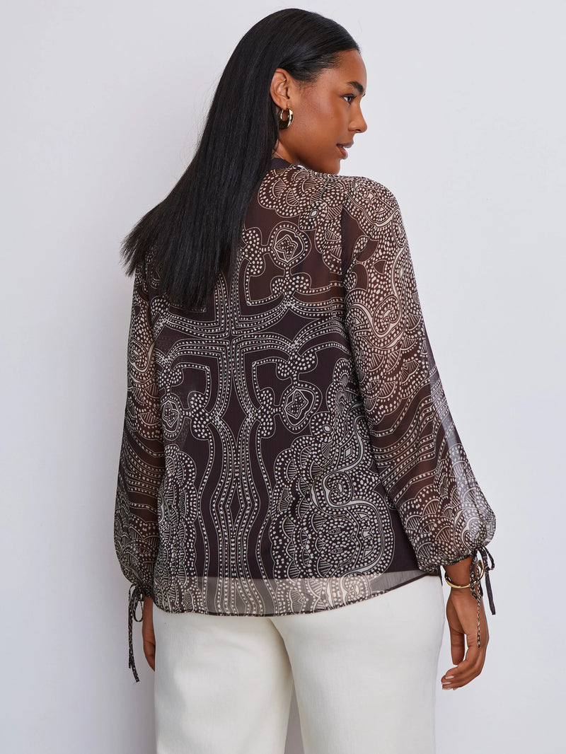 Brown Printed Nehru Collar Blouson Long Sleeve Blouse
