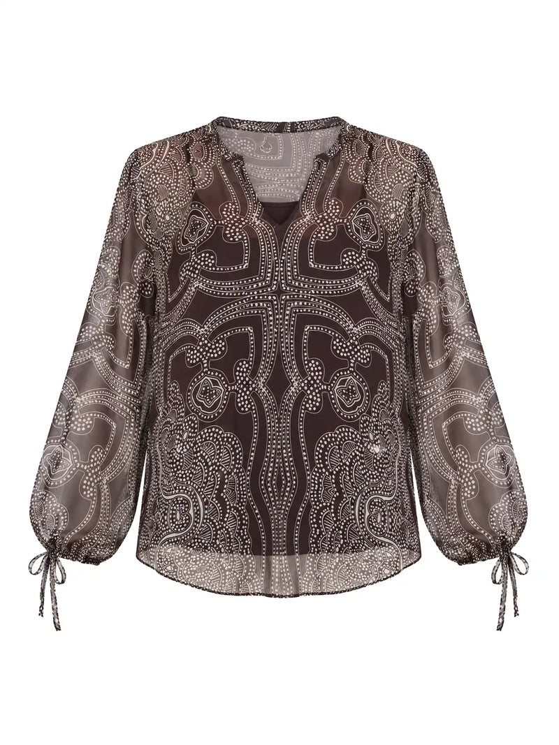 Brown Printed Chiffon Blouse With Detachable Cami
