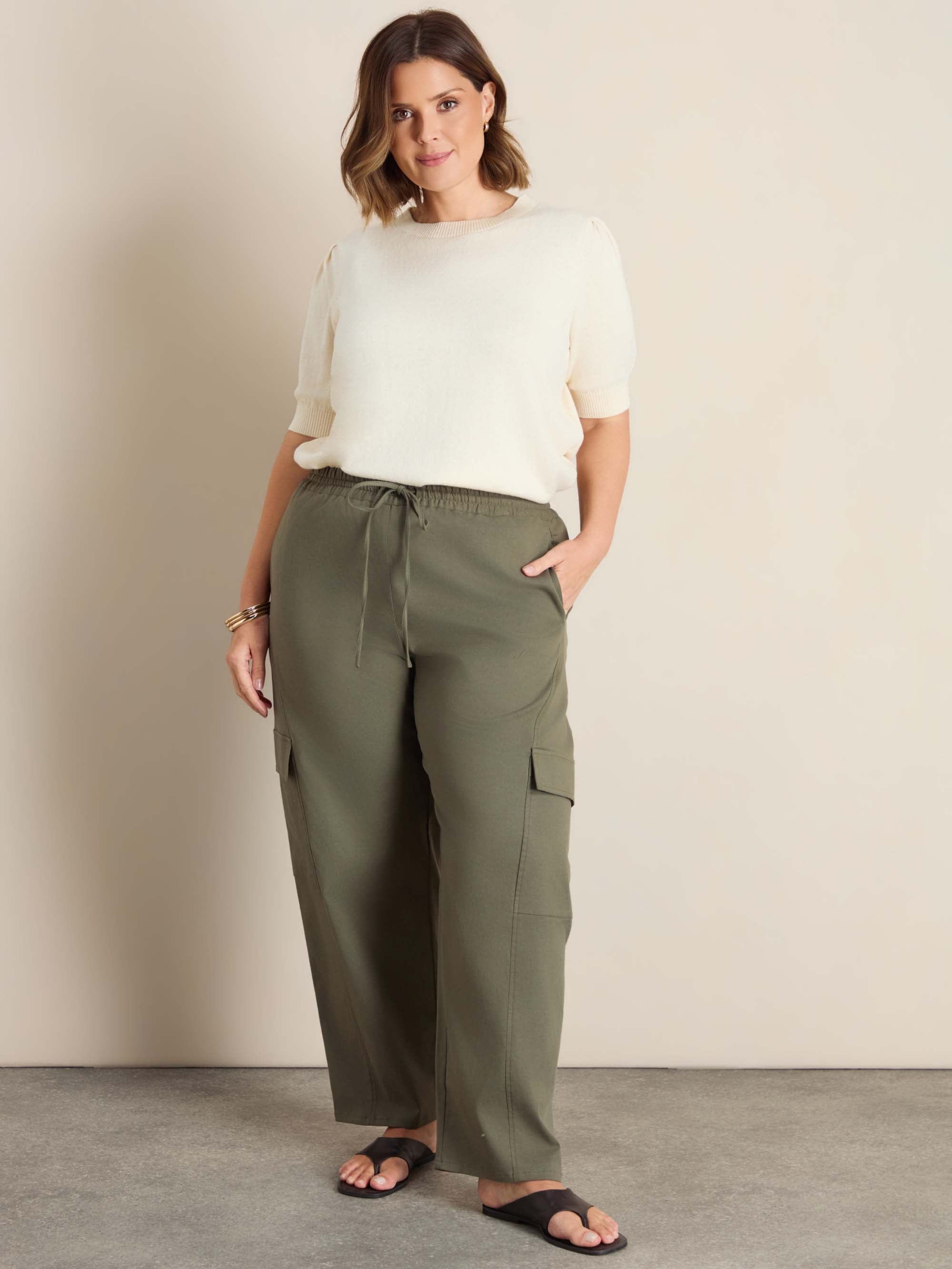 Plus Size Khaki Horseshoe Barrel Leg Trousers with Drawstring Waist