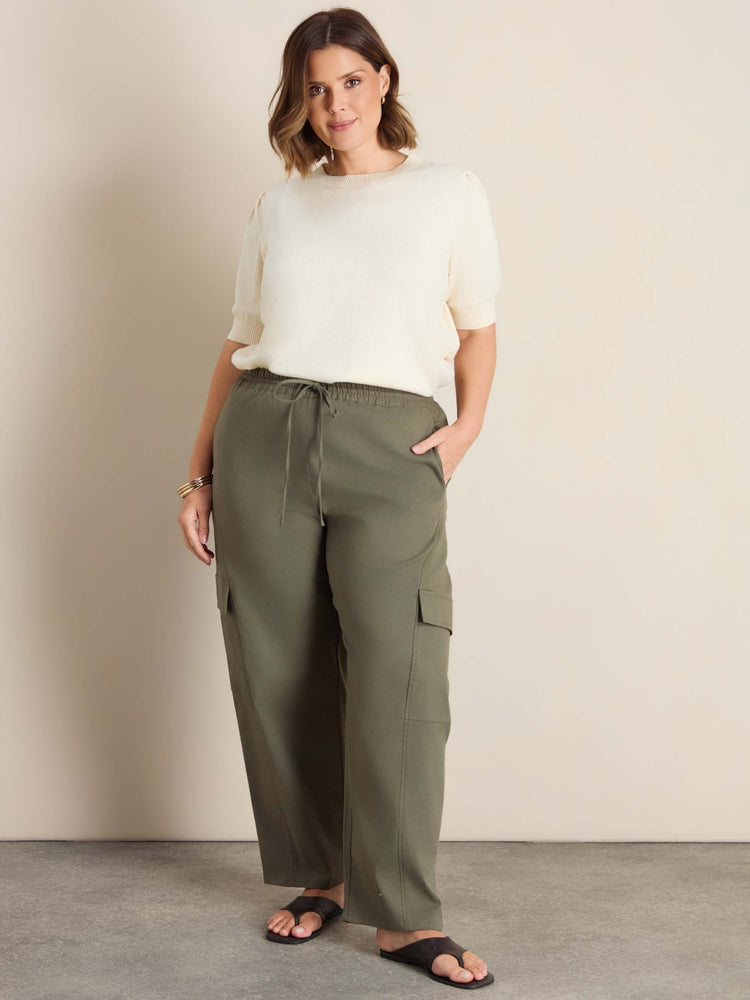 Plus Size Khaki Horseshoe Barrel Leg Trousers with Drawstring Waist