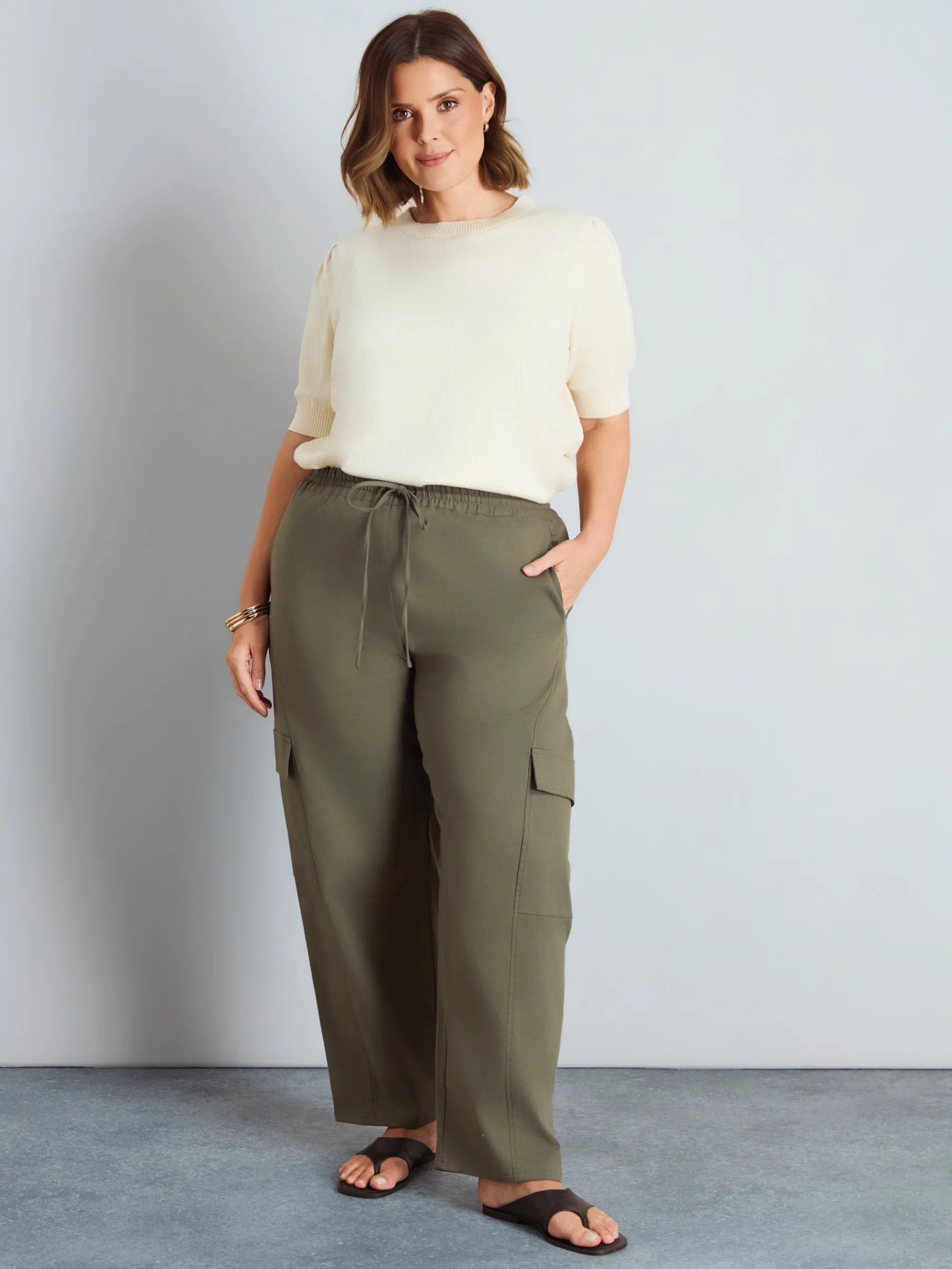 Khaki Drawstring Cargo Wide Leg Trousers