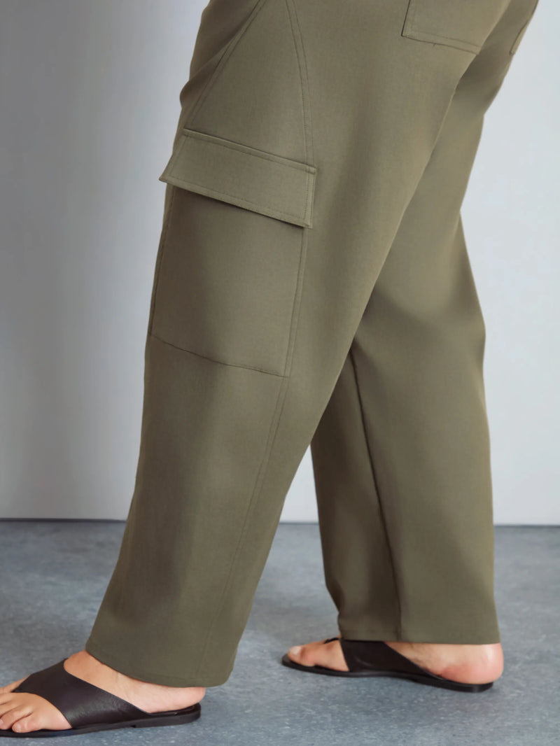 Khaki Drawstring Cargo Wide Leg Trousers