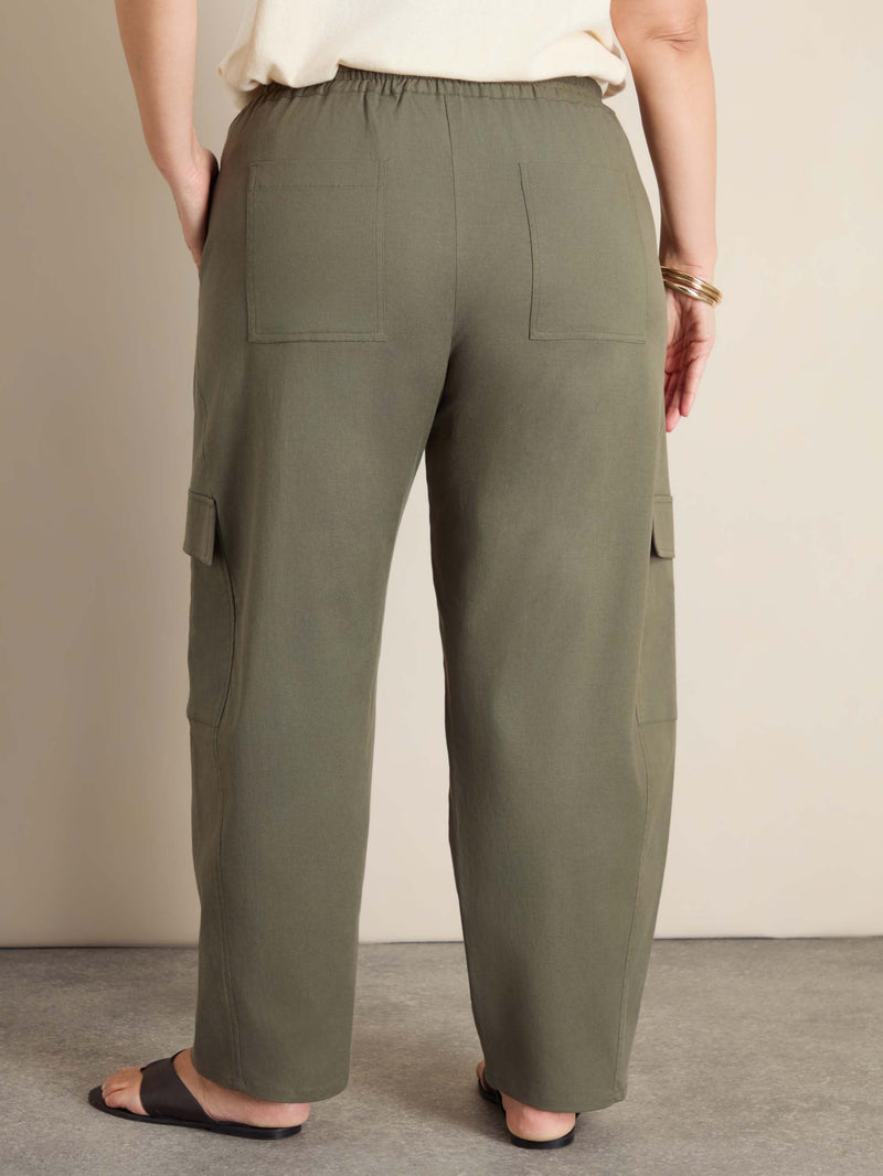 Plus Size Khaki Horseshoe Barrel Leg Trousers with Drawstring Waist