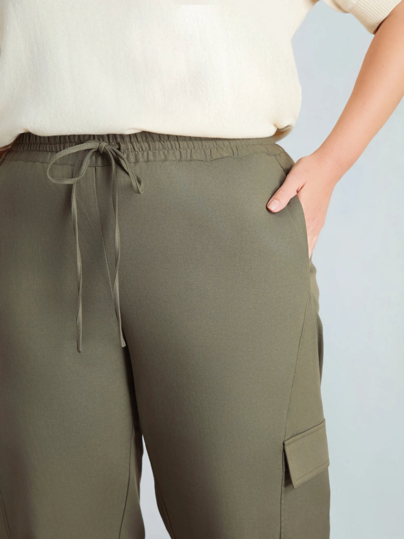Khaki Drawstring Cargo Wide Leg Trousers