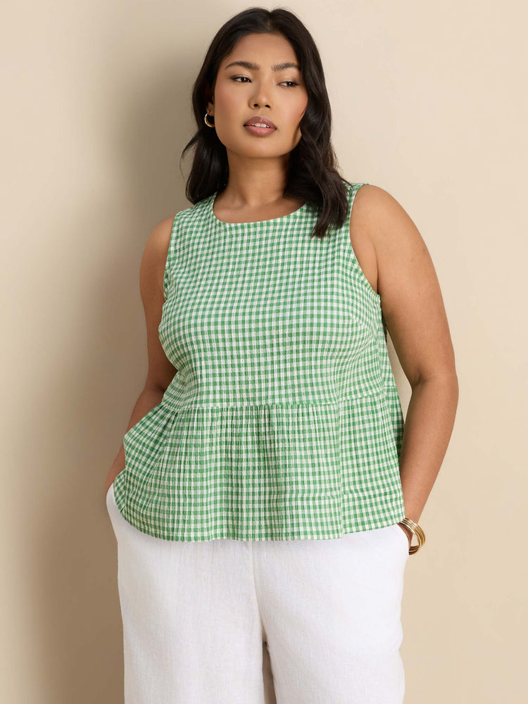 Green Gingham Cotton Peplum Top