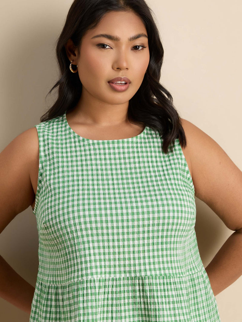 Green Gingham Cotton Peplum Top