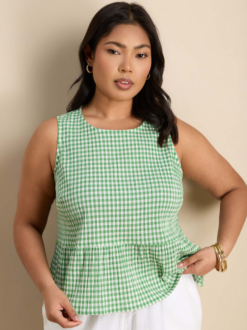 Green Gingham Cotton Peplum Top