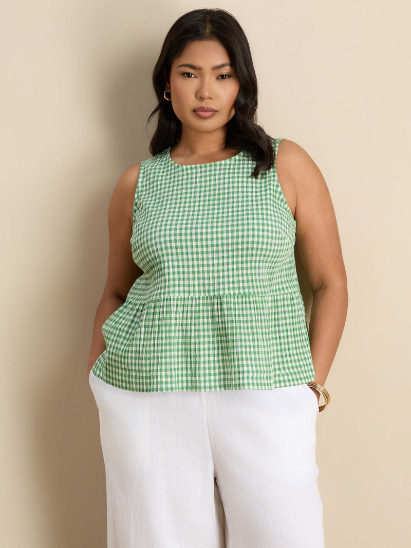 Green Gingham Cotton Peplum Top