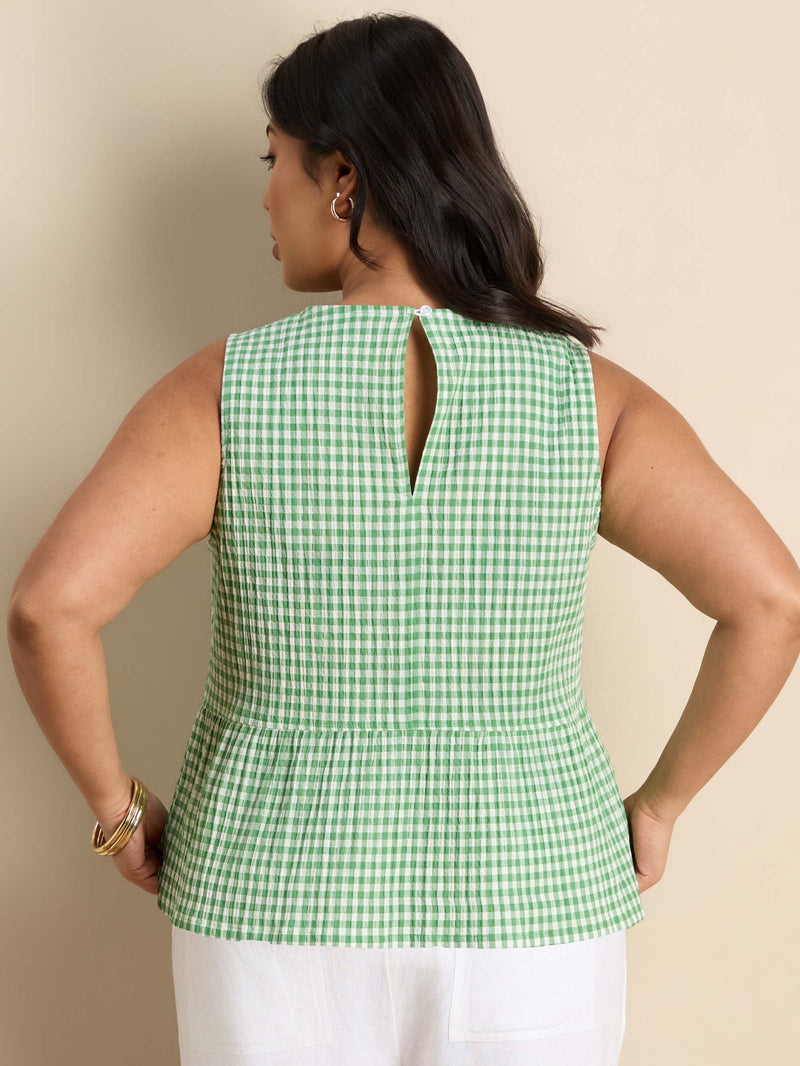 Green Gingham Cotton Peplum Top
