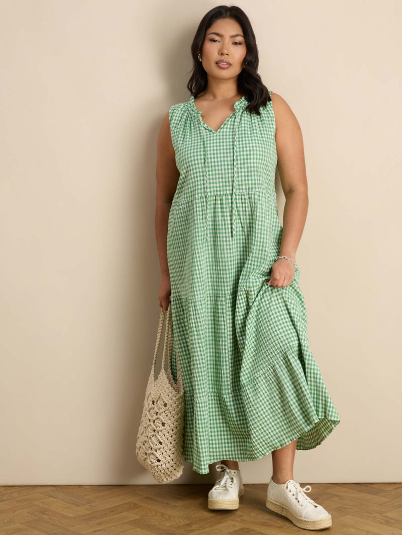 Green Gingham Maxi Tiered Sleeveless Cotton Dress