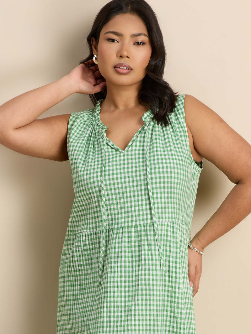 Green Gingham Maxi Tiered Sleeveless Cotton Dress