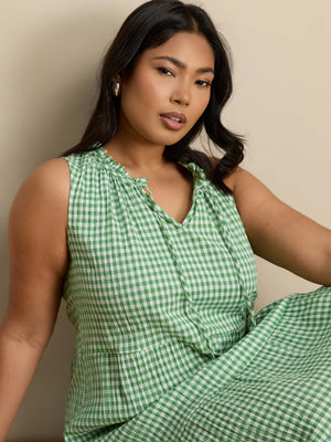 Green Gingham Maxi Tiered Sleeveless Cotton Dress