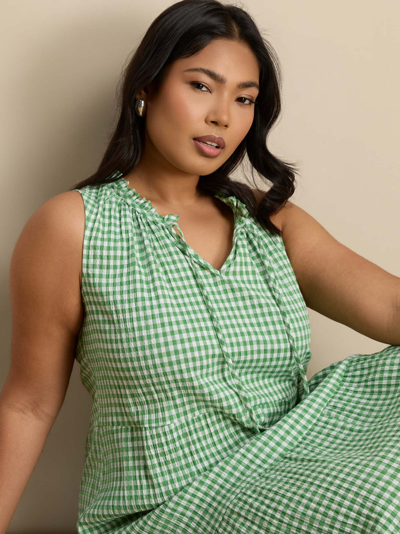 Green Gingham Maxi Tiered Sleeveless Cotton Dress