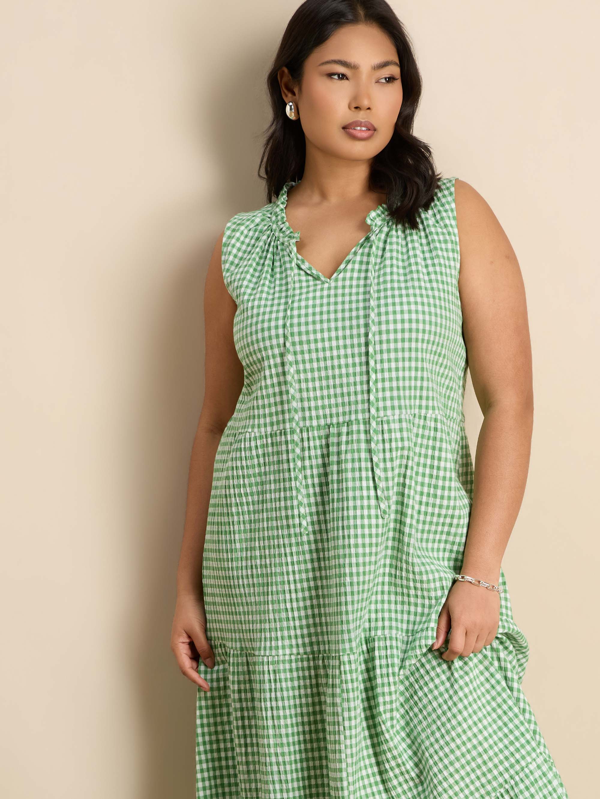 Green Gingham Maxi Tiered Sleeveless Cotton Dress