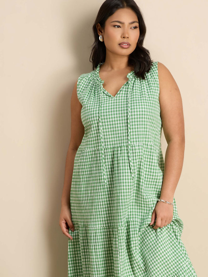 Green Gingham Maxi Tiered Sleeveless Cotton Dress