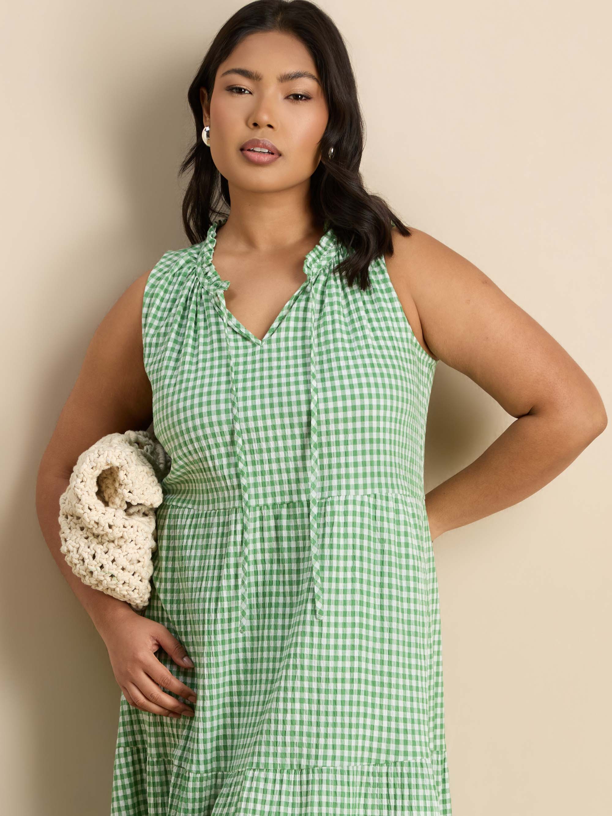 Green Gingham Maxi Tiered Sleeveless Cotton Dress