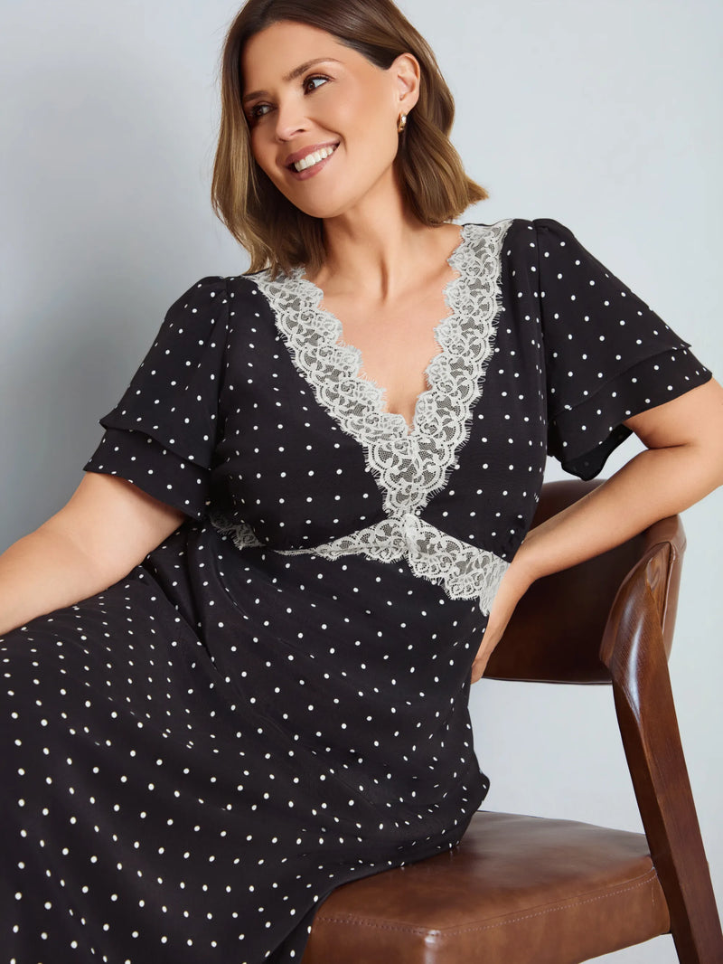 Black Polka Dot Lace Insert Maxi Dress