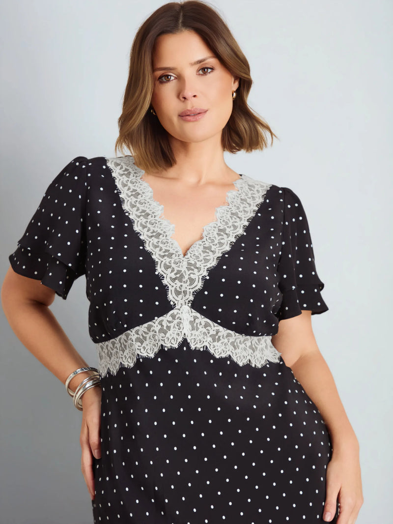 Black Polka Dot Lace Insert Maxi Dress